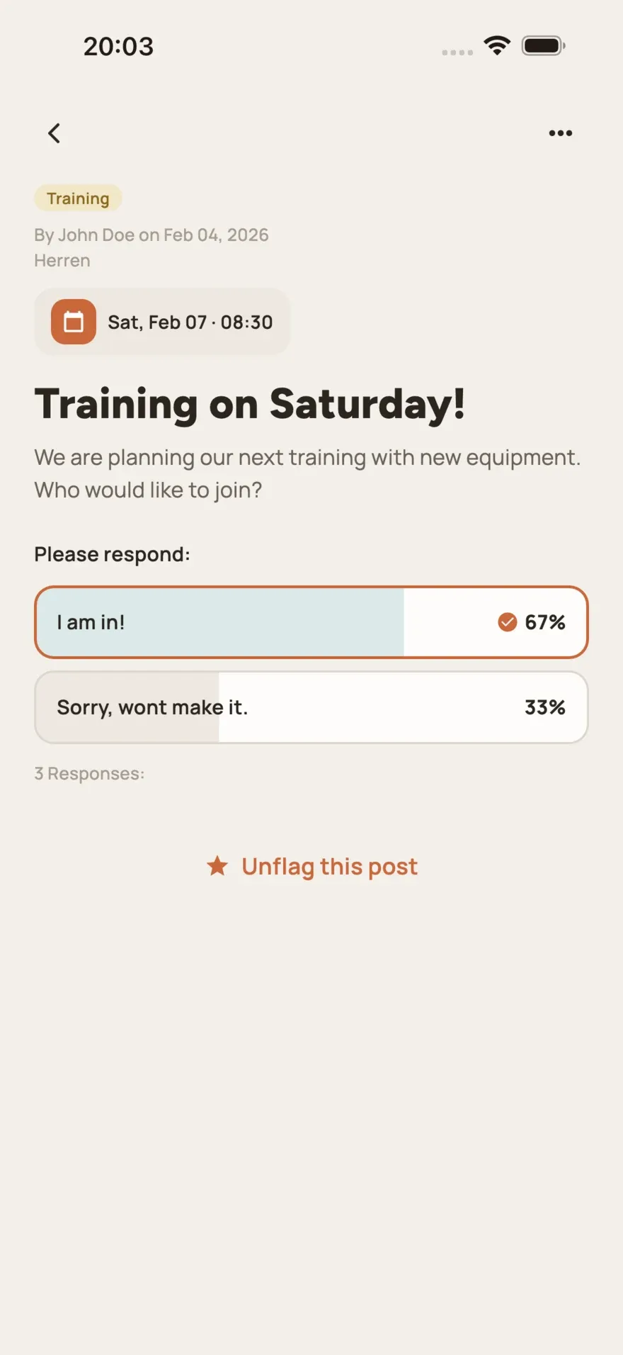A club post with a response poll in e.Vernetzt