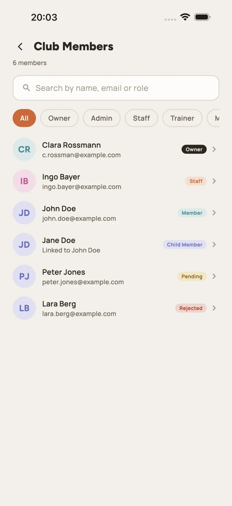 The member list in e.Vernetzt, with search and role filters