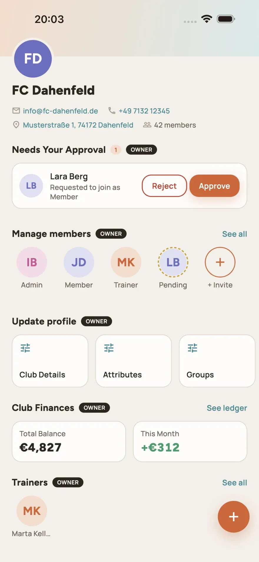 The club home screen as an owner sees it in e.Vernetzt