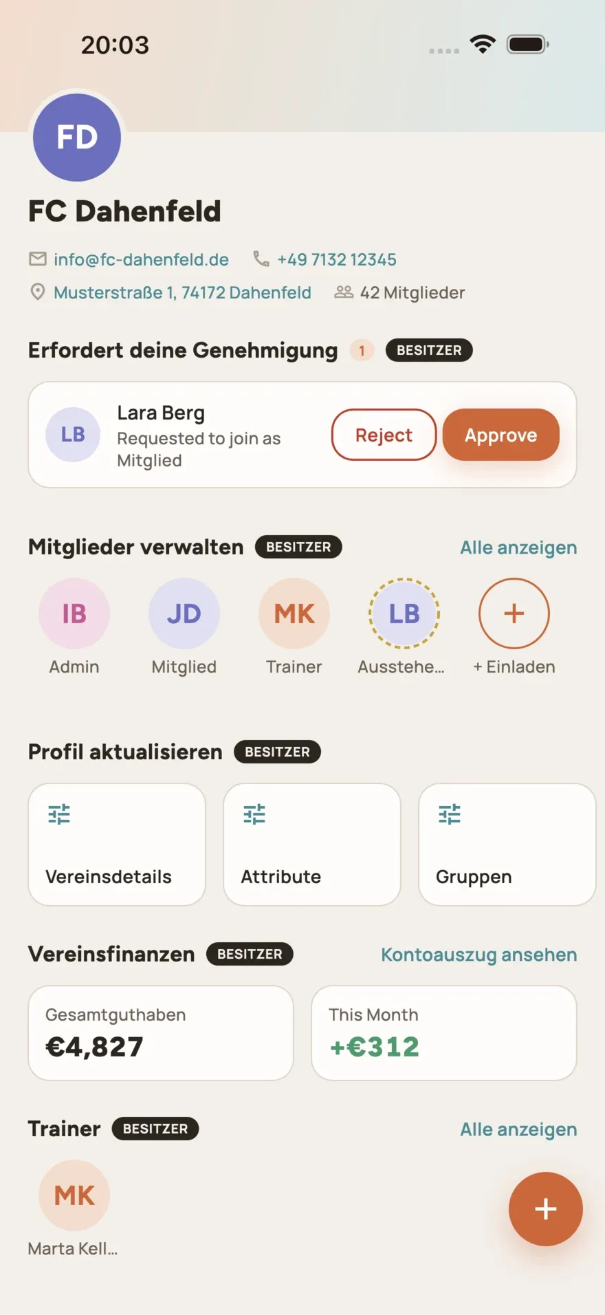 Die Vereins-Startseite aus Sicht des Vorstands in e.Vernetzt