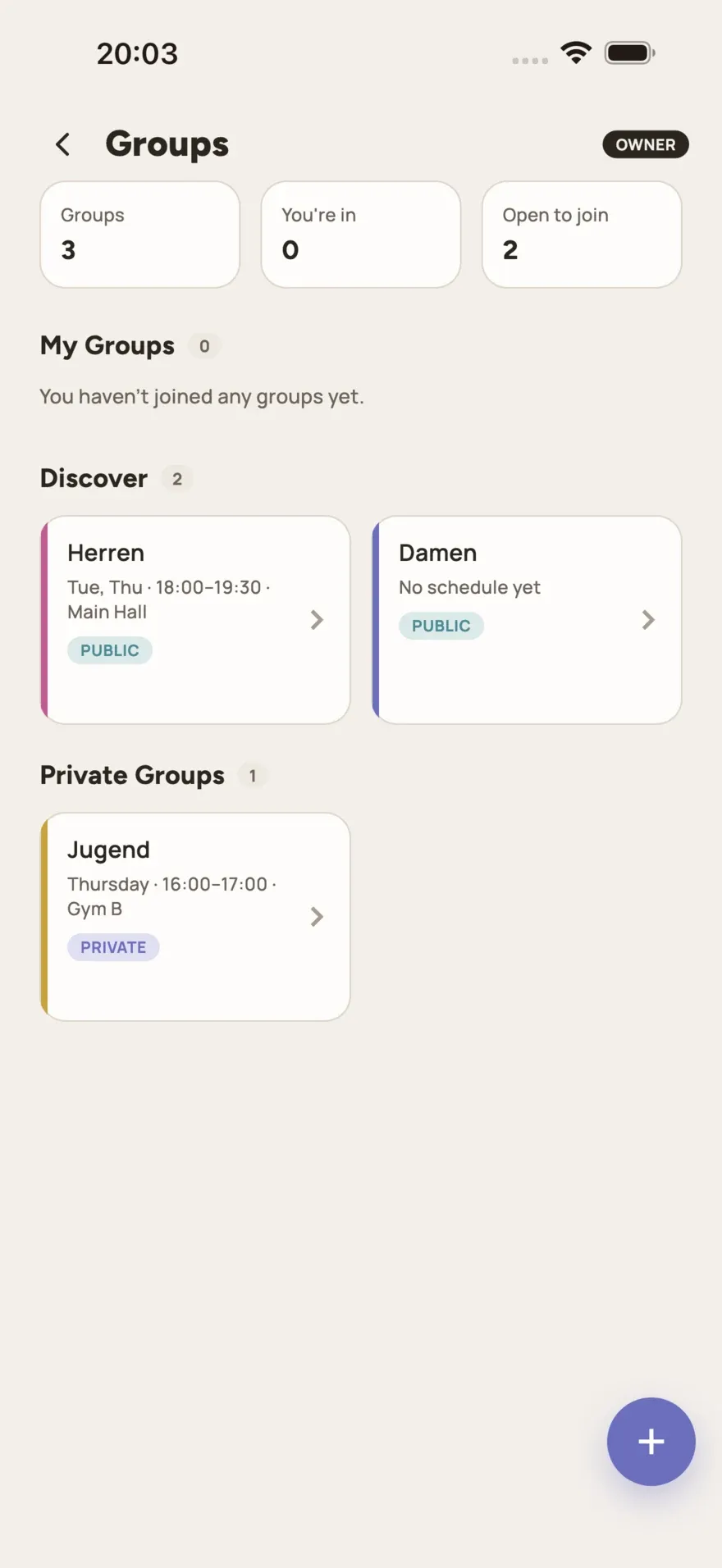 The group list of a club in e.Vernetzt